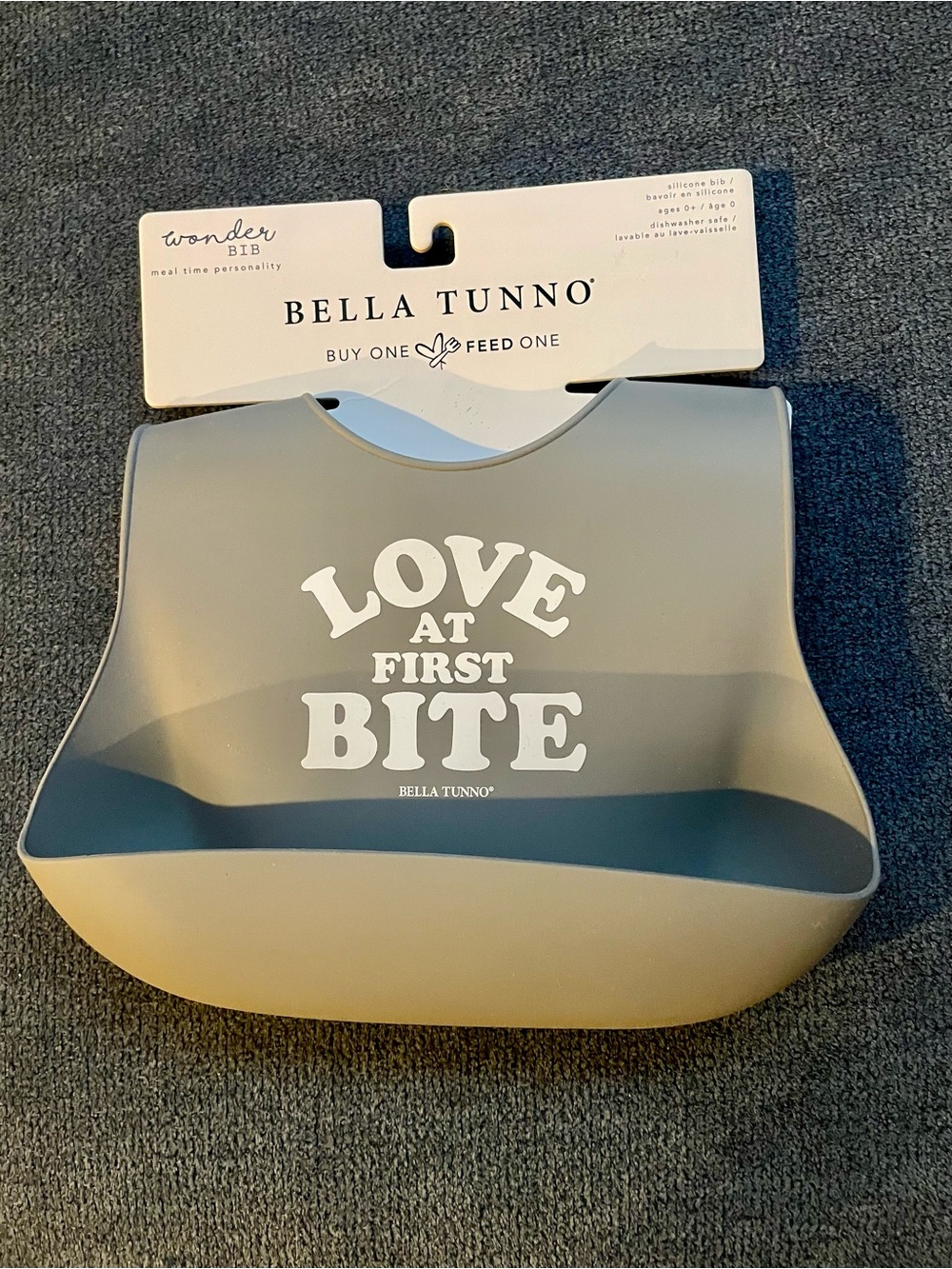 New (unopened) Bella Tunno Gray 'Love At First Bite' Silicone Bib